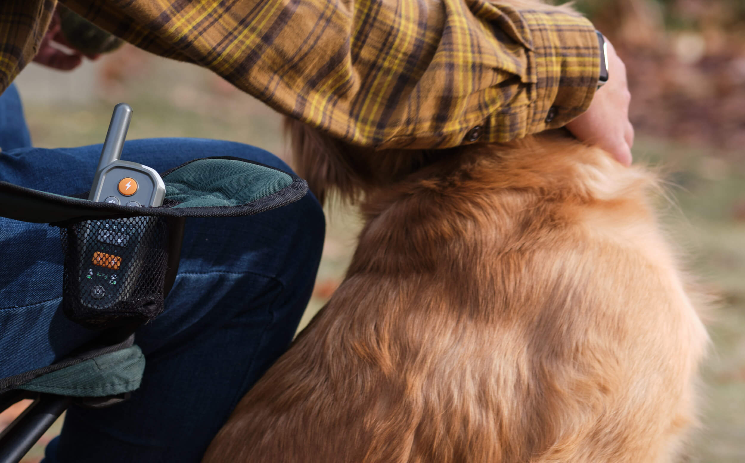 Heel™ ROAM 350™ remote resting in a camp chair cup holder while dog owner pets his Golden Retriever