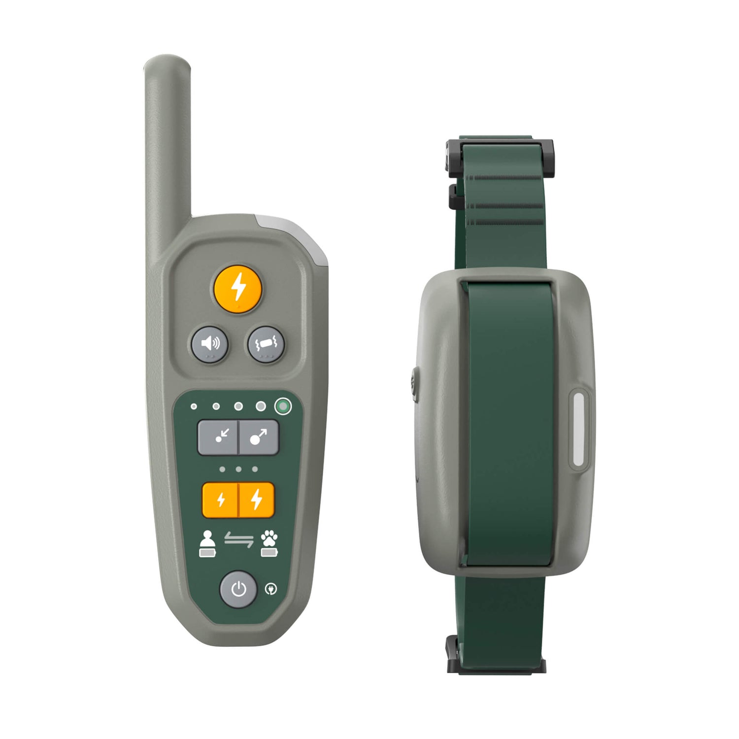 Heel™ ROAM 350™ remote and training collar side by side on a white background