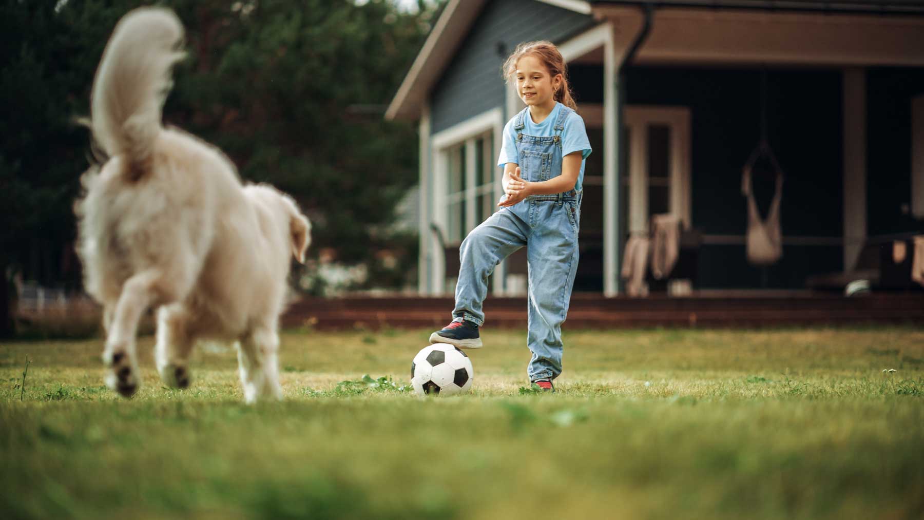 Girl playing in backyard with a dog