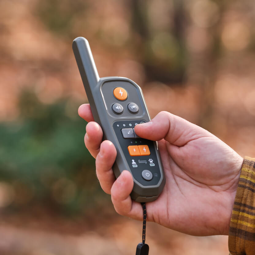 Hand holding the Heel™ ROAM 350™ Remote and pressing a button
