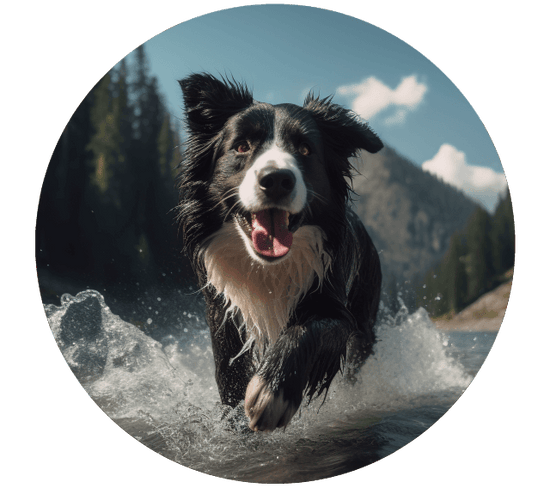 Dog splashing through river in front of mountains
