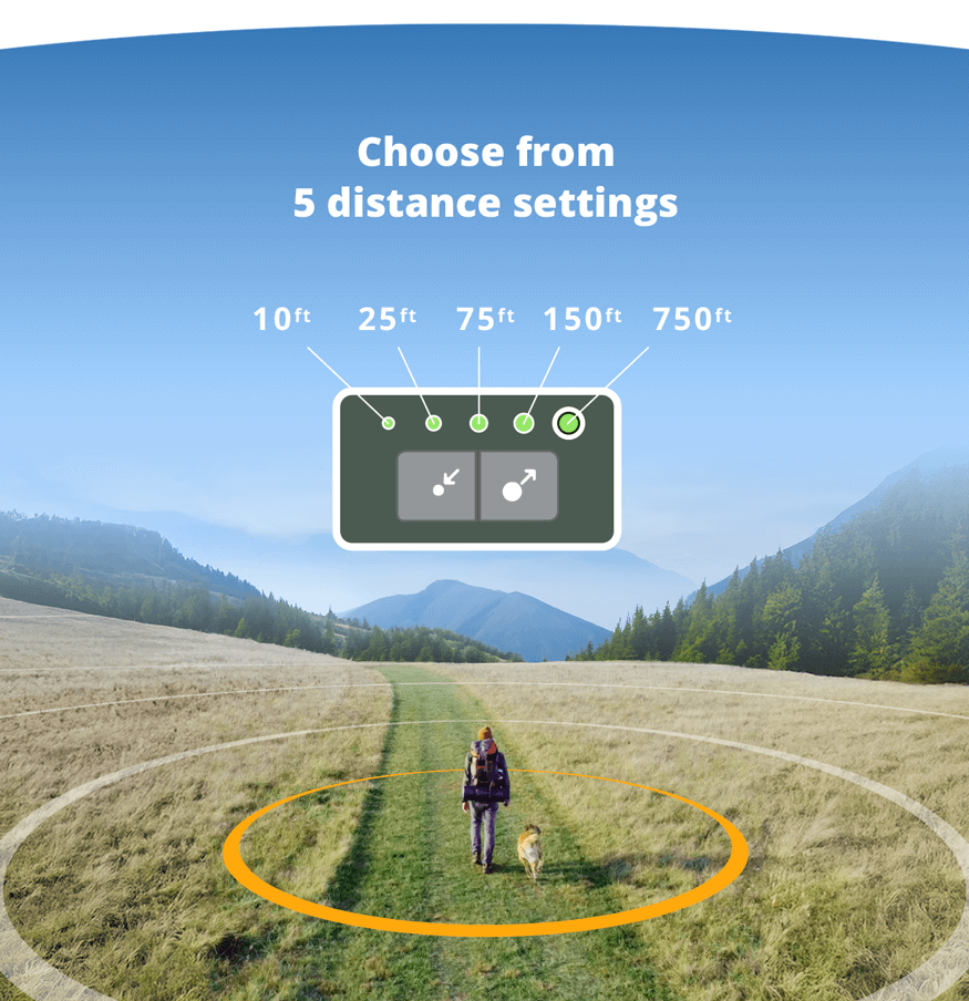 Dog walking off leash next to man through a valley with graphic overlay of off leash boundaries surrounding them, and 5 distance setting options shown above.