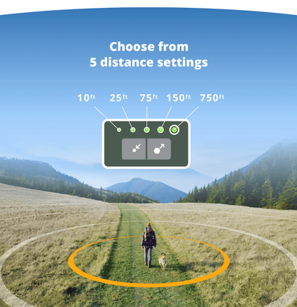 Dog walking off leash next to man through a valley with graphic overlay of off leash boundaries surrounding them, and 5 distance setting options shown above.