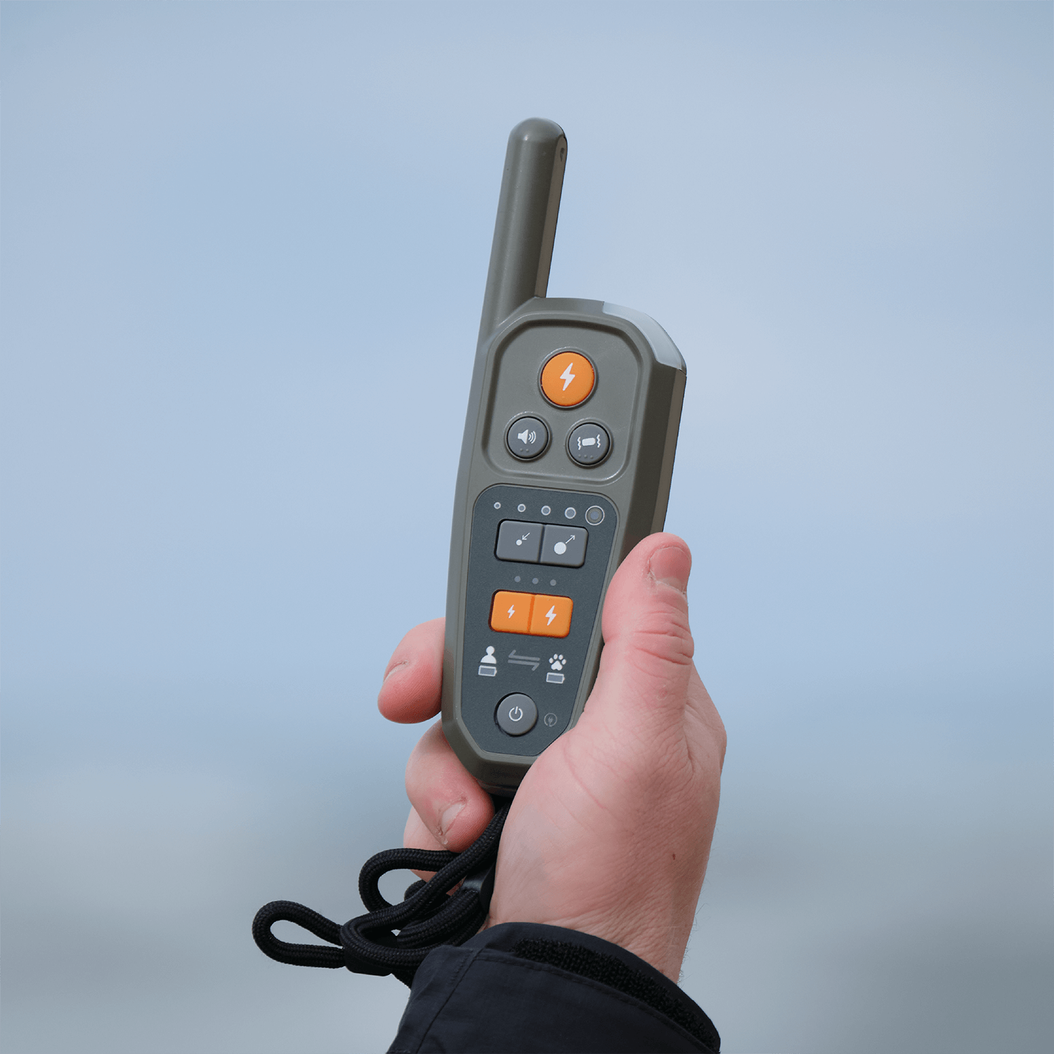 Hand holding a Roam 350 Remote against a light blue background