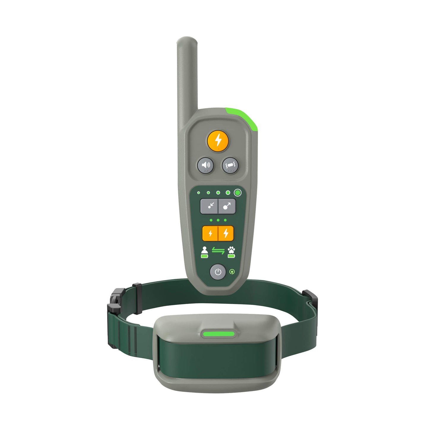 Heel™ ROAM 350™ Remote hovering over the training collar with active connection lights on