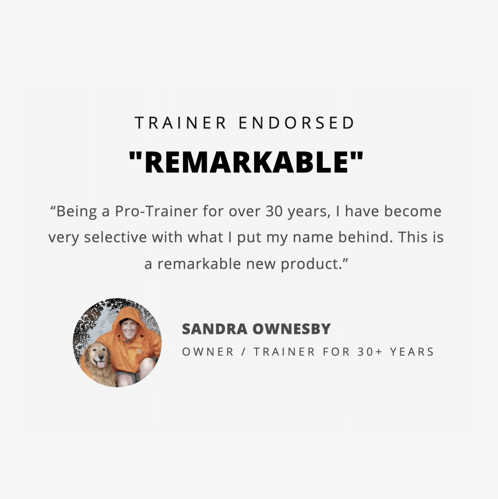 Trainer Endorsement review card stating that they have been a trainer for over 30 years and are selective with what they put their name behind, and that the Roam 350 is a remarkable new product.